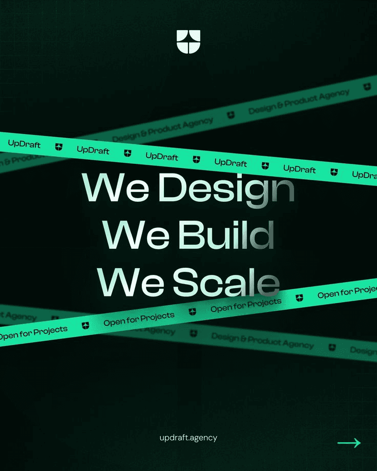 Dark green banner reading "We Design We Build We Scale" with the Startup Accelerator logo.
