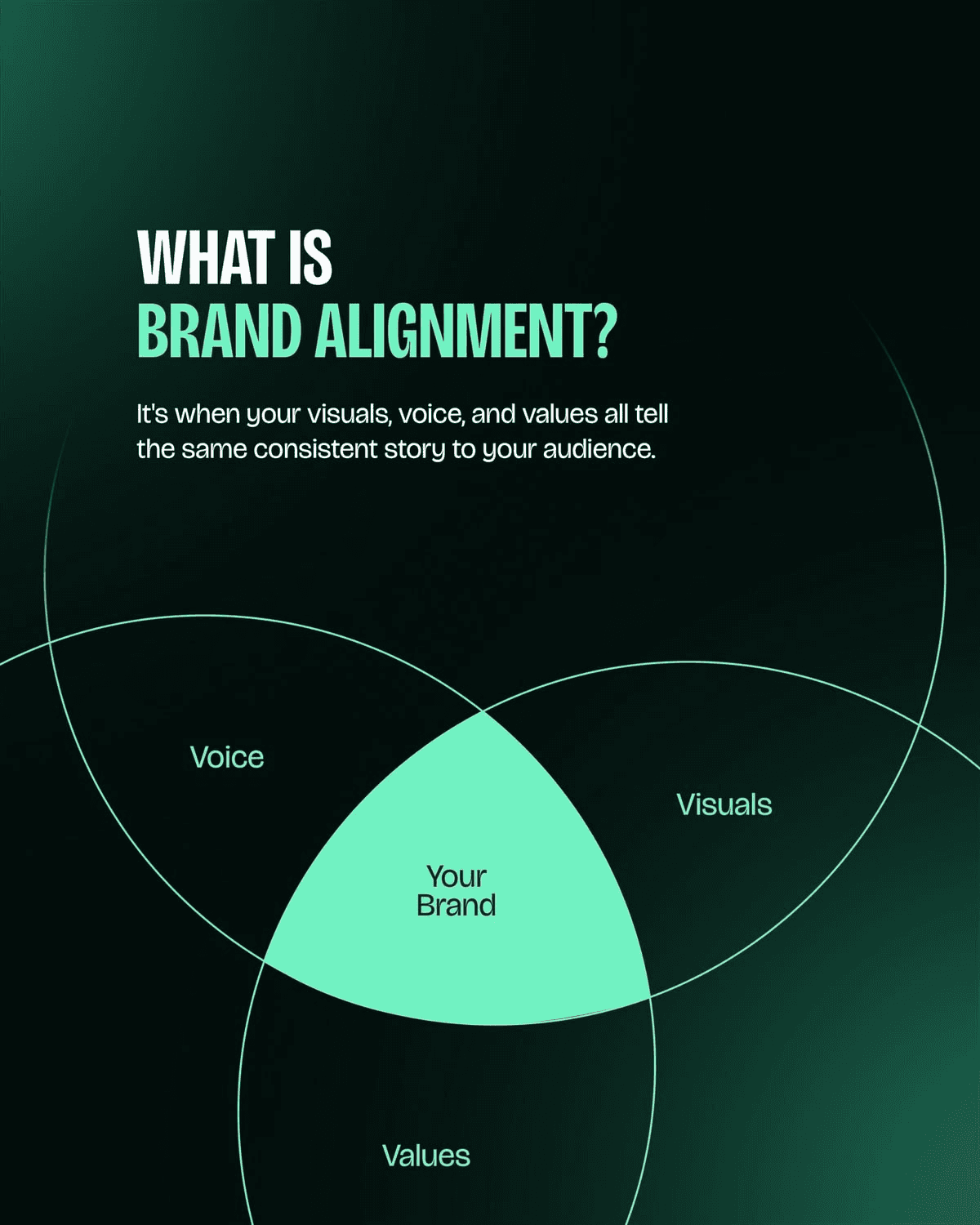 Venn diagram of Voice, Your Brand, and Visuals on a dark green background.