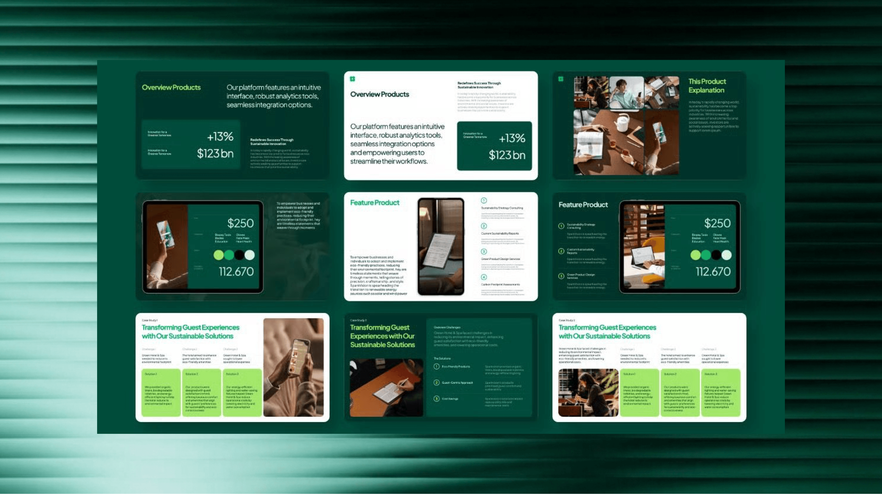 Pitch deck template slides laid out in a grid with charts and product screens.