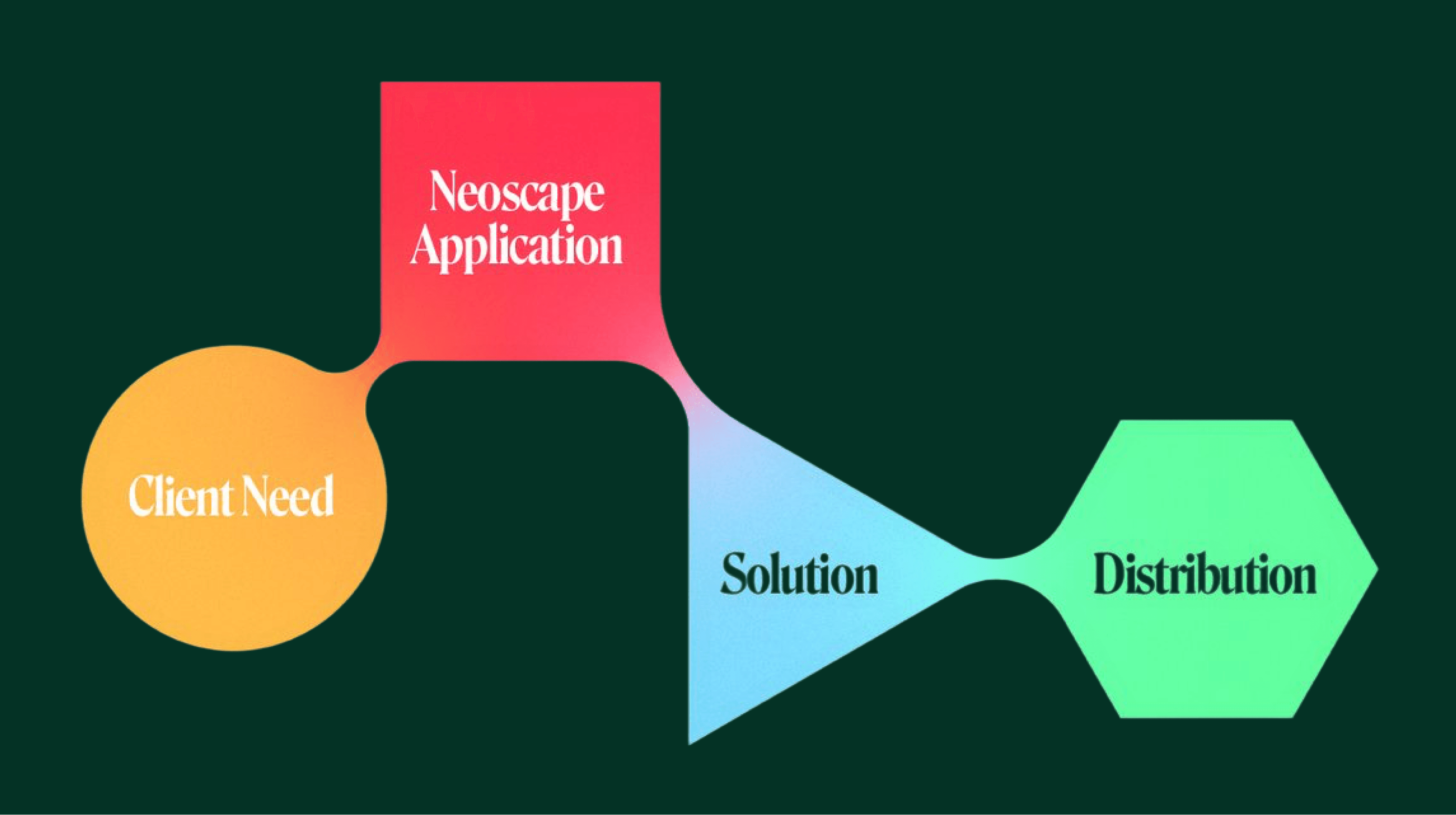 Flowchart connecting Client Need, Neoscape Application, Solution and Distribution nodes.