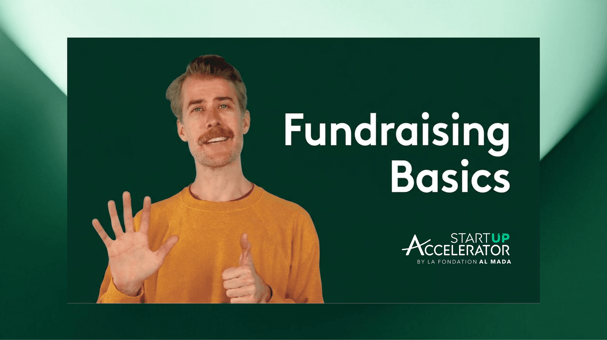 Smiling speaker next to a "Fundraising Basics" title card.