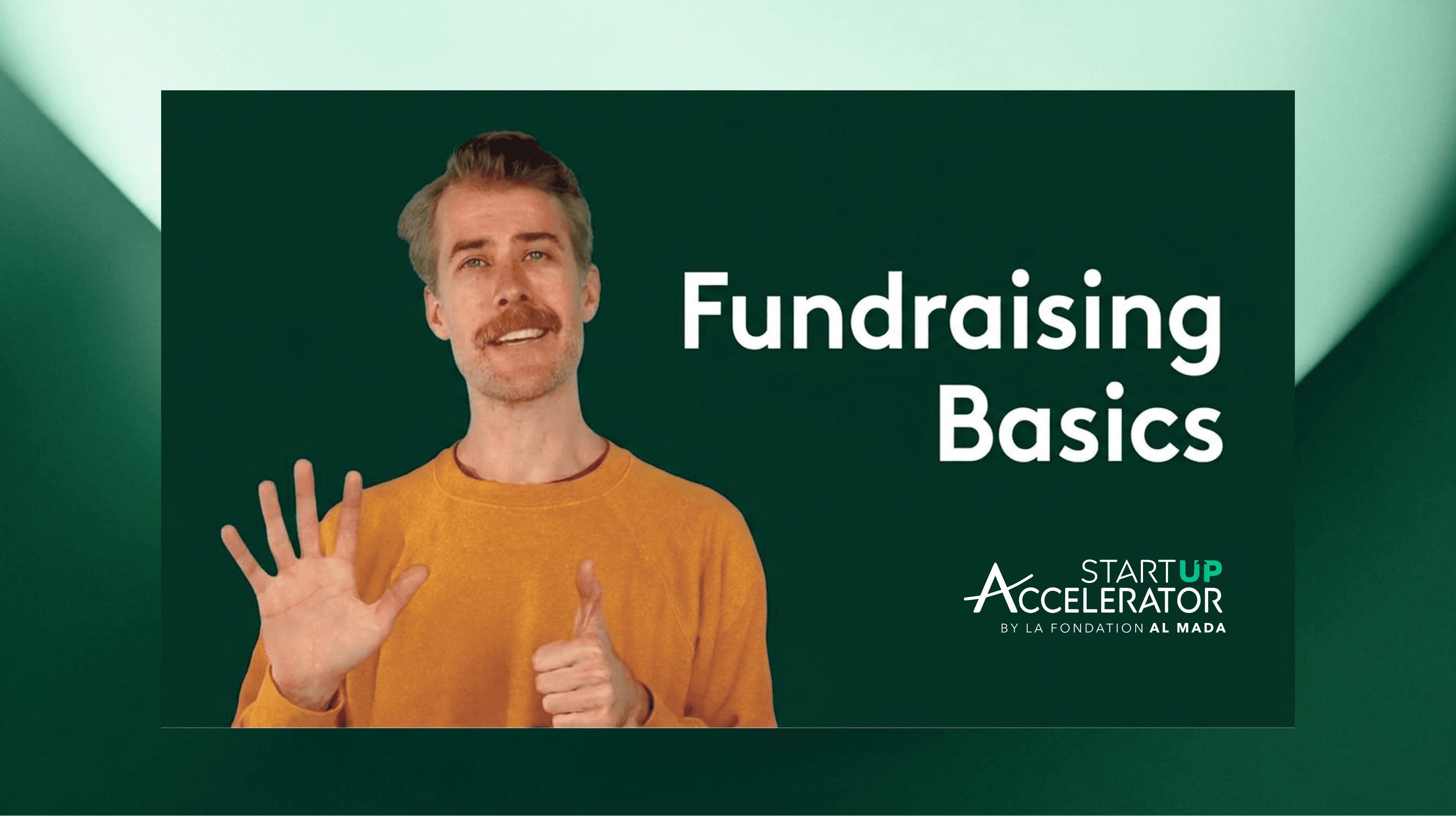 Smiling speaker next to a "Fundraising Basics" title card.